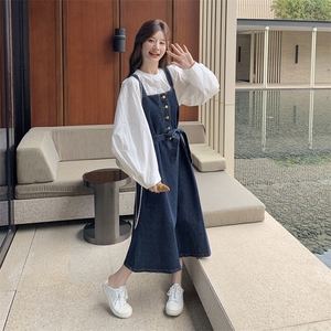 学院风牛仔背带裙两件套女2025春秋季新款韩版减龄显瘦吊带裙套装图片
