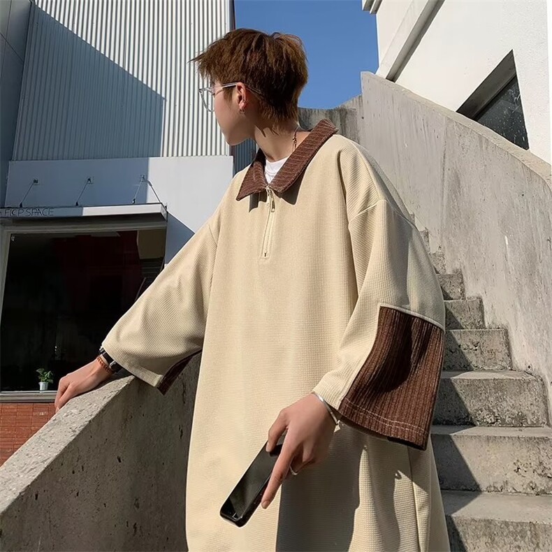 半拉链男款polo衫夏季潮牌潮流七分袖T恤美式华夫格体恤WB037-P35，男装Polo衫，星座412-3