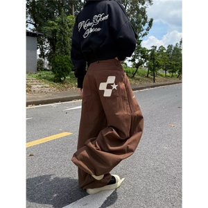 美式复古格纹腰带弯刀休闲裤女刺绣阔腿慵懒宽松长裤 NK1336-P55图片