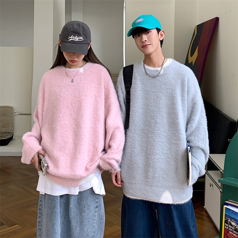 新款秋冬季毛绒圆领毛衣男日系慵懒百搭假两件情侣上衣 M524-P68图片