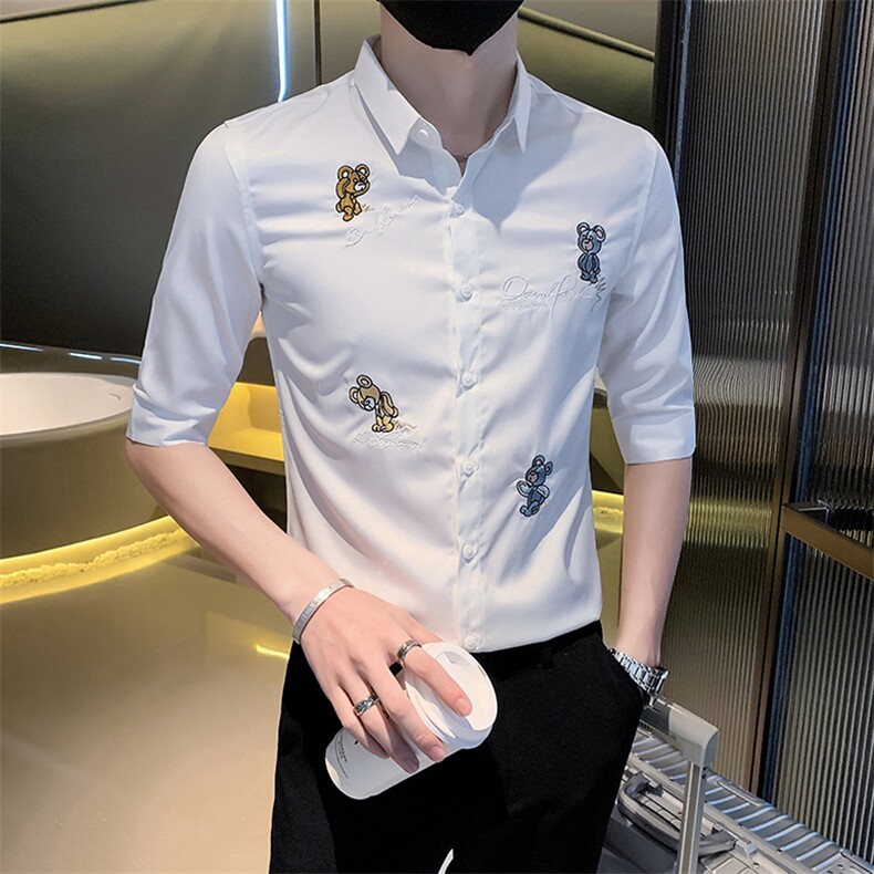 2023男夏装新款男刺绣轻奢中袖衬衫社会小伙风图片