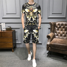 2021夏季新款蜜蜂T恤短裤男大码印花钱塘3029-9003真模，男装套装，钱塘6006(原3029)