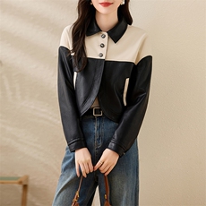 法式高档小香风外套女春秋白领皮衣夹克机车服女士时尚潮流拼接，女装皮衣，潮流依族