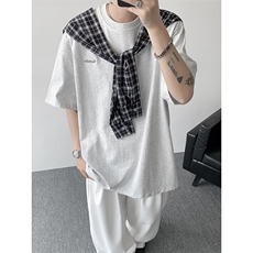 8XL-M潮情侣美式拼接打结格子假两件短袖宽松纯棉T恤男DX338，男装T恤，电商D206-1