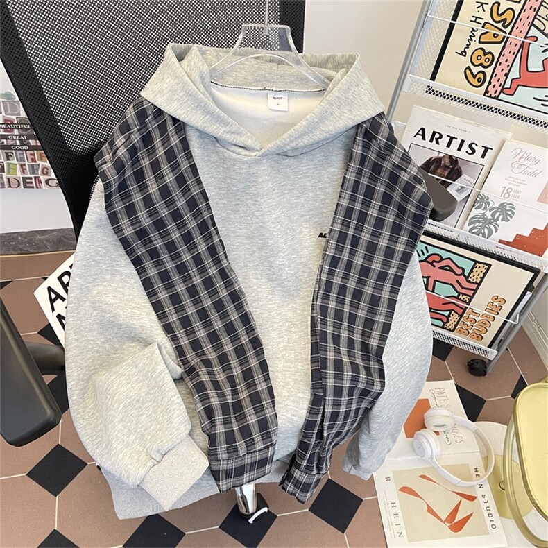 美式格子拼接披肩连帽卫衣男女冬宽松设计感外套帽衫GA149P62,女装短外套,星座1013-5