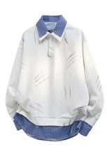 猫爪布韩系学院风假两件格子衬衫拉链衬衫领休闲春款卫衣P68，男装衬衫，电商B319