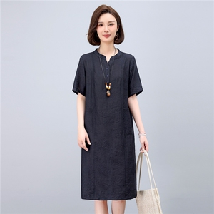 dpqb轻薄天丝连衣裙女2025夏季新款中年妈妈遮肚宽松大码中长裙子图片
