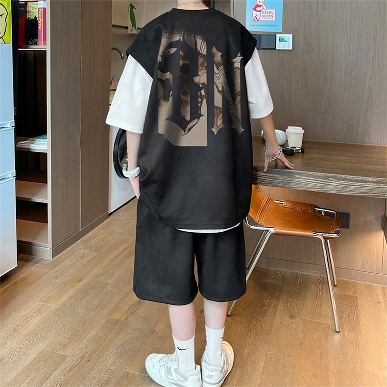直播美式麂皮绒宽松背心无袖t恤短裤大码两件套套装TZ42-P58,男装T恤,电商A486