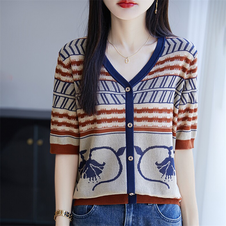 夏季爆款新款复古风撞色条纹花型针织衫短袖显瘦女装T恤圆领V领，女装针织衫/毛衣，郡淞羊绒