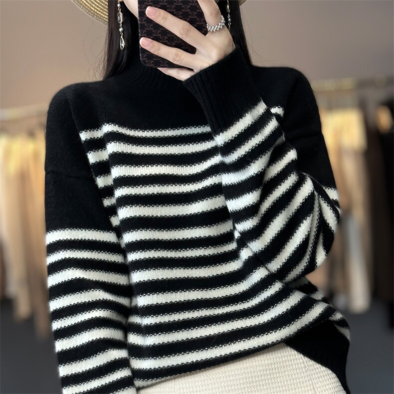 韩版时尚慵懒100%羊毛衫女半高领黑白条纹长袖宽松羊绒衫打底毛衣，女装羊毛衫，宋氏羊绒