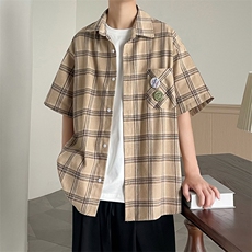 B225-C6067-P58-X75格子衬衫短袖男夏季日系复古衬衫格子复古日系，男装T恤，电商B225
