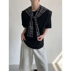 新款！高质量高街黑色格子绑带披肩T恤男女年夏季情侣TW223，男装T恤，星座1116A（原606A-3）