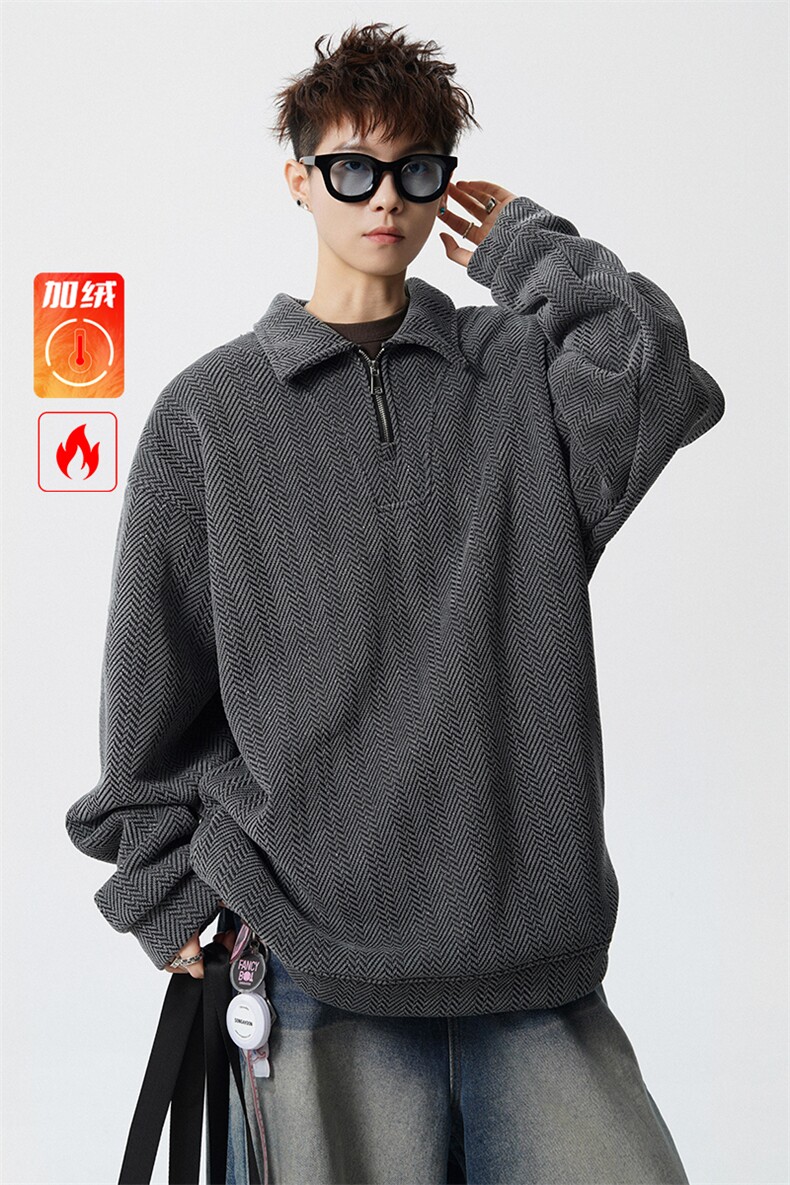 雪尼尔满天星半拉链翻领卫衣大码高级Polo衫外套LW610特P50加绒60,男装Polo衫,电商B215