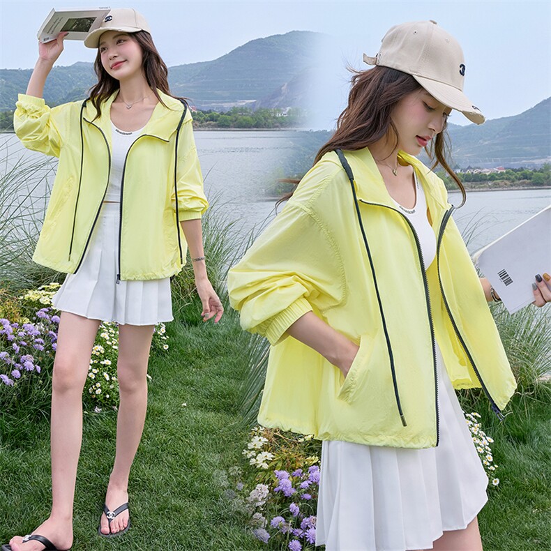 黄色撞色防晒衣女夏季新款轻量清爽防紫外线户外开衫防晒服，女装防晒衣，梦懿尔
