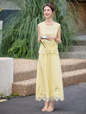 小香风气质蕾丝拼接套装裙女2025夏新款无袖背心上衣半身裙两件套，女装套装/套裙，韩蜜菓