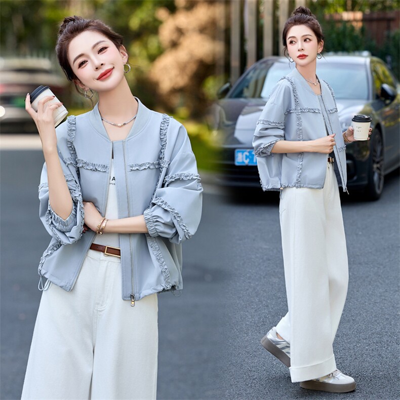 木耳花边棒球服短外套女2025春季新款时尚减龄小个子百搭开衫上衣图片