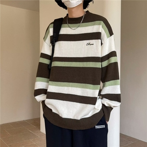 毛衣男秋冬季新款撞色拼接学院风线衣外套宽松条纹圆领套头针织衫图片