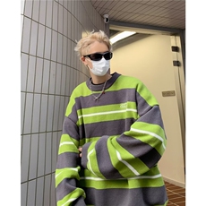 日系男装秋冬复古宽松慵懒风圆领条纹拼色休闲中性针织毛衣男，男装针织衫/毛衣，星座716-2