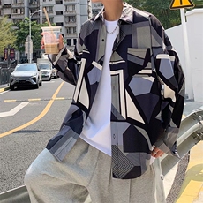 衬衫男长袖2021夏季新款文艺潮流港风菱形图宽松上衣痞子W394-P38，男装衬衫，星座412-2