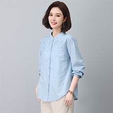 绣花长袖衬衫女2023秋装新款立领镂空棉衬衣修身显瘦气质，女装大码女装，奕阳依阁
