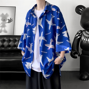 夏季潮流小飞机满印ins衬衫新款冰丝情侣装  A125-C35-P38图片
