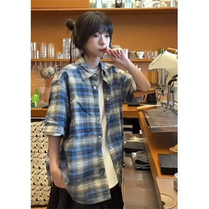 蓝色法兰绒格纹衬衫男女短袖夏季情侣格子衬衣薄外套WHJ855-P35图片