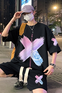 套装！夏季华夫格套装男T恤短裤男两件套大码港风TZ13-P50图片