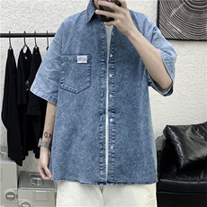 新款ins牛仔短袖衬衫男夏季薄韩版潮流宽松衬衣外套bfW791-P40，男装衬衫，星座512-2
