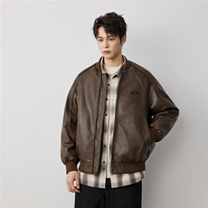 2025美式嘻哈PU皮机车服外套男潮牌宽松防风飞行员棒球服夹克，男装夹克，电商D215