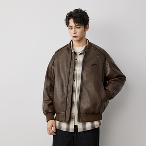 2025美式嘻哈PU皮机车服外套男潮牌宽松防风飞行员棒球服夹克图片