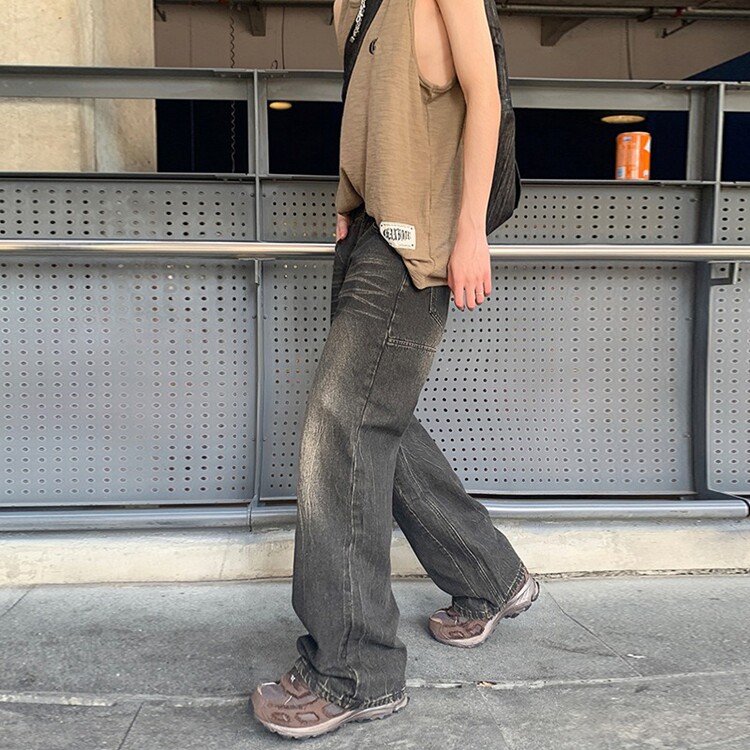 美式复古扎染cleanfit做旧破坏猫须百搭阔腿牛仔裤男女慵懒秋冬,男装牛仔裤,星座218-8