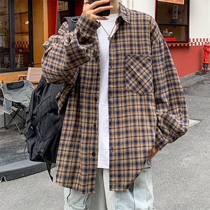 衬衫男春季新款港风宽松磨毛格子长袖衬衣CS510-P38图片