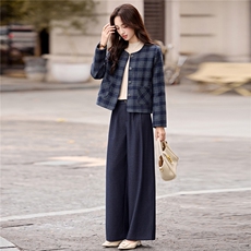 2025秋装新款简约时尚格纹外套阔腿裤两件套，女装套装/套裙，罗腾