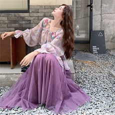 独特漂亮紫色碎花上衣套装裙女2025秋季新款复古网纱半身裙两件套，女装套装/套裙，2C158