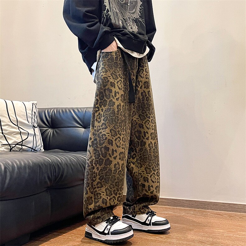 K3115-P52美式豹纹宽松型直筒牛仔裤图片