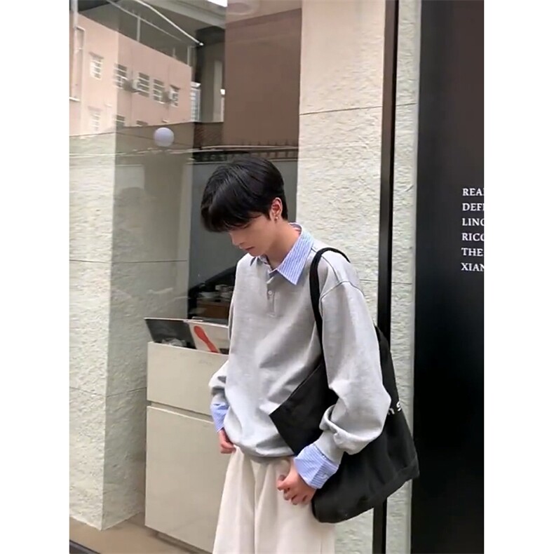 抖音得物高品质26春装美式高街假两件衬衫领长袖卫衣POLO领打底衫,男装T恤,电商A486-1
