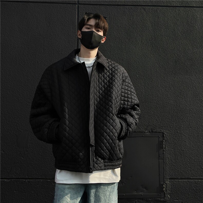 冬装新品设计感菱形格加厚棉服翻领夹克外套男H1037特P95,男装棉衣,电商A341