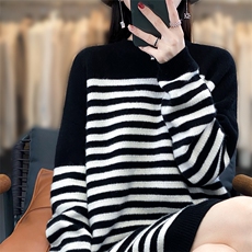黑白条纹秋冬简约时尚新款长袖圆领羊毛连衣裙，女装羊毛衫，宋氏羊绒
