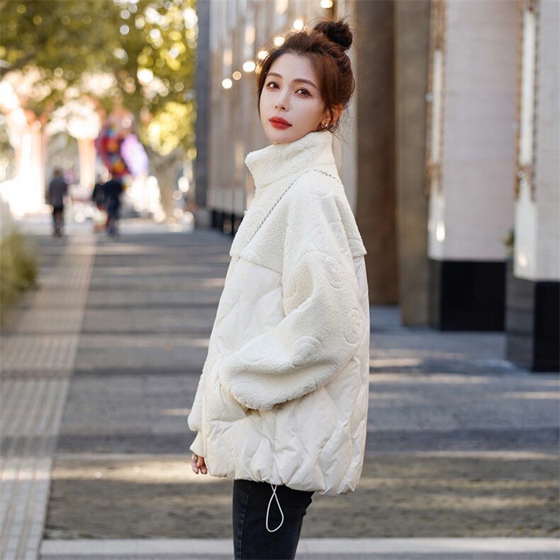羽绒服女2025冬季新款女装韩版时尚颗粒绒拼接保暖白鸭绒外套,女装羽绒服,天丽