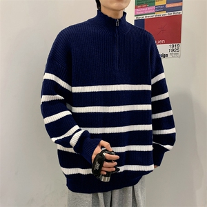 半拉链polo衫毛衣男秋冬条纹加厚线衫复古痞帅针织外套3117-P58图片
