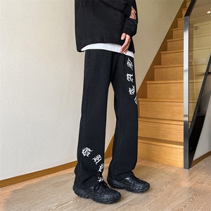 现货春夏美式微喇叭vibe梵文牛仔裤嘻哈宽松百搭休闲裤男K606-P35图片