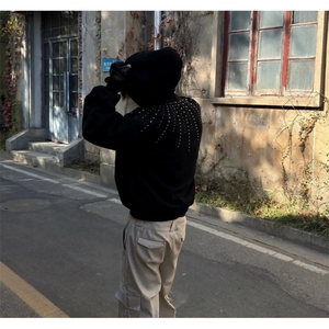 可拆卸领烫钻外套男款痞帅发型师潮牌男女重磅开衫卫衣~HY113图片