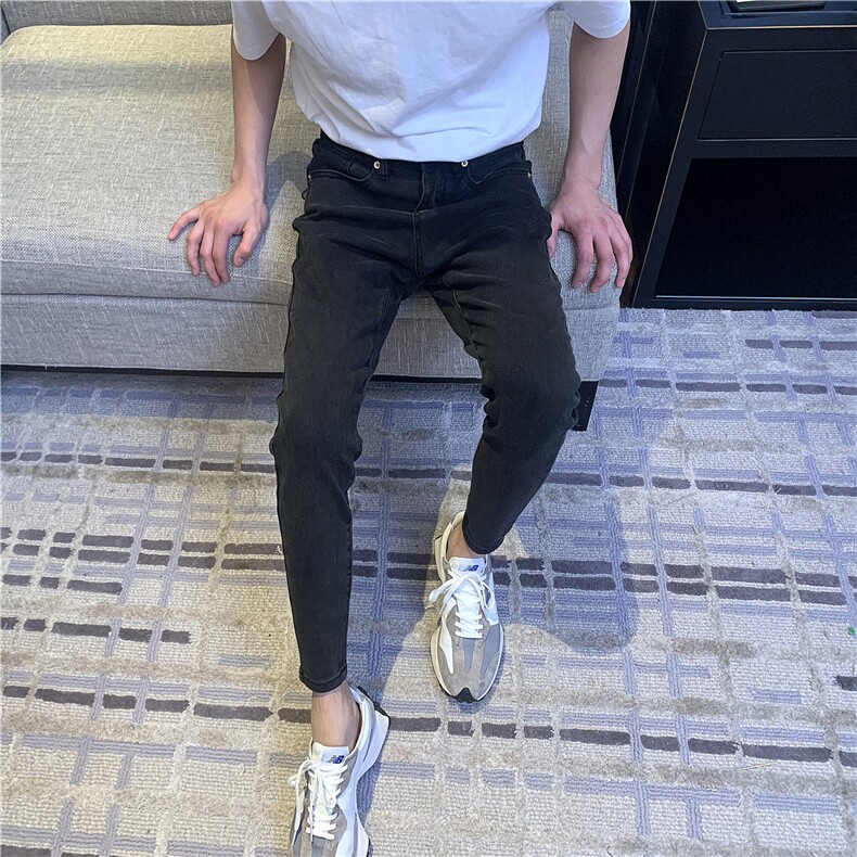 B230档黑灰色修身小脚弹力显瘦铅笔裤男百搭简约九分裤图片
