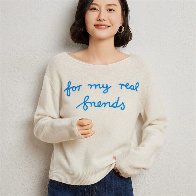 时尚百搭女士加厚字母衫舒适保暖显瘦长袖毛衣,女装羊绒衫,臻维羊绒