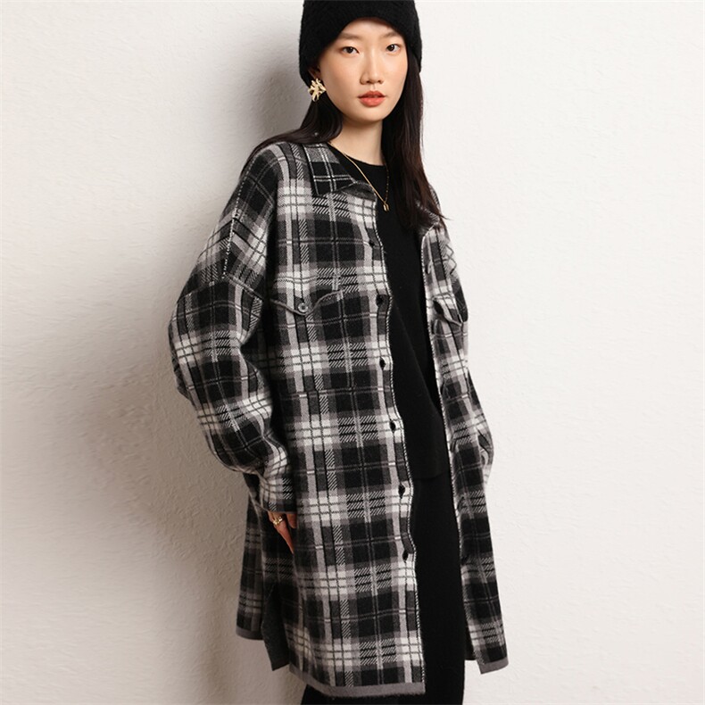 羊绒开衫女中长款千鸟格子衬衣领针织大衣外套，女装羊绒大衣，五色羊羊绒