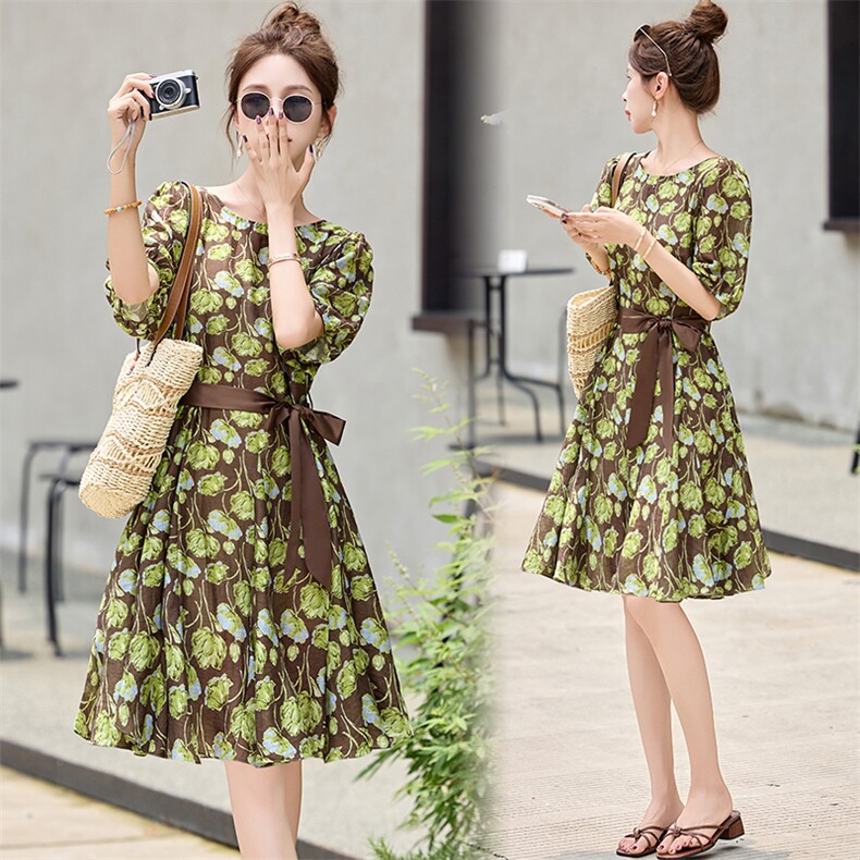 高端精致天丝连衣裙夏装新款时尚气质印花遮肚显瘦高级感裙子，女装连衣裙，姿衣坊