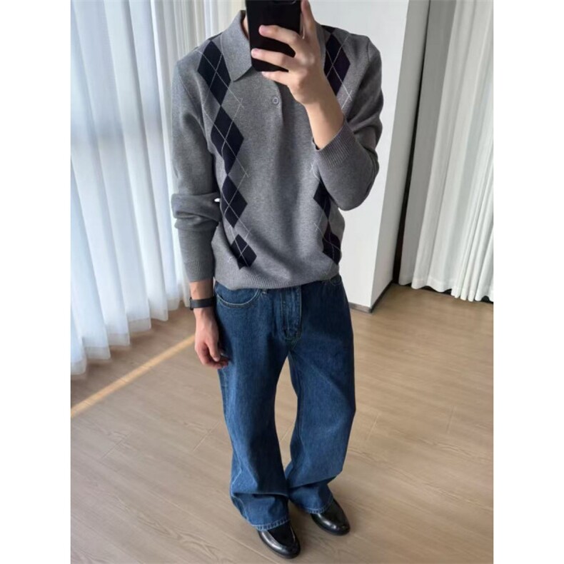 预售款~已下单3色老钱风菱格提花套头POLO针织毛衣MY2581批68，男装针织衫/毛衣，星座1411A-6