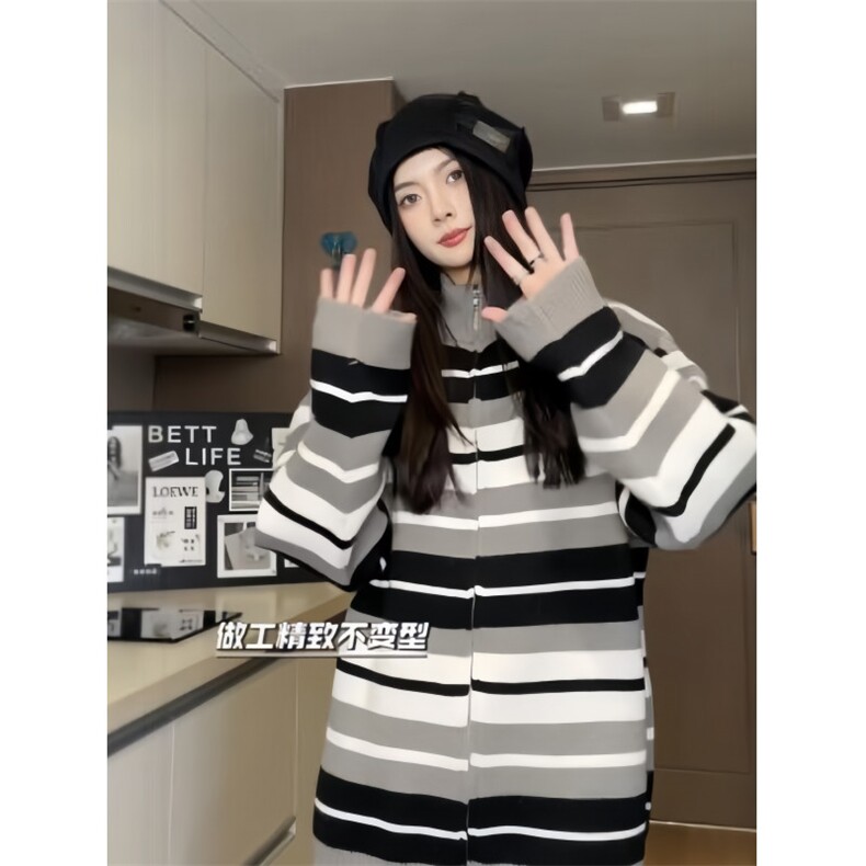 美式复古彩虹撞色针织衫青春情侣潮牌宽松外套毛衣XZ301AM01P78,男装针织衫/毛衣,星座301A