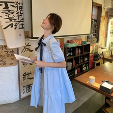 蓝色气质减龄学院风衬衫裙女中长款2024夏新款法式宽松洋气连衣裙，女装连衣裙，纯色衣恋