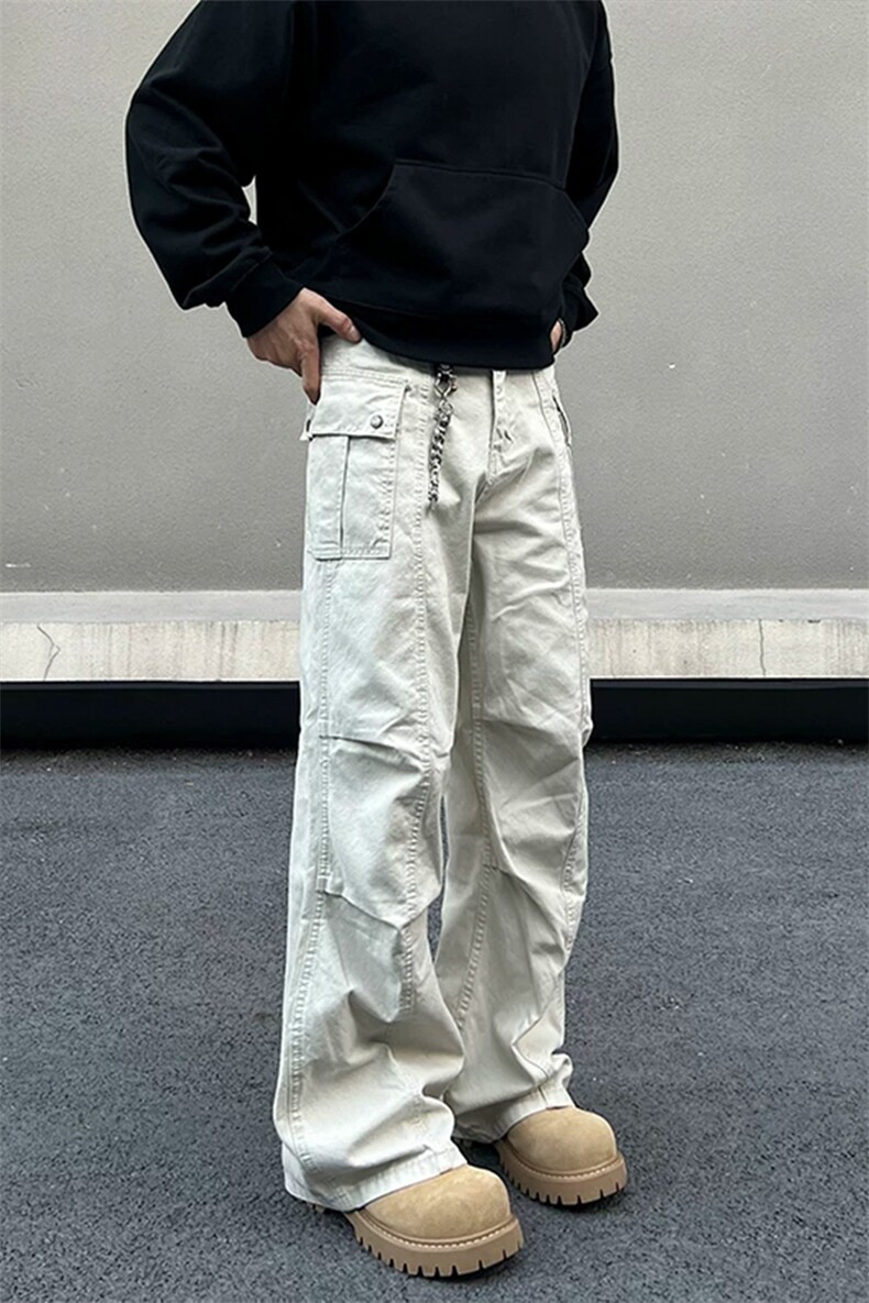 (网图慎用）特批P42无差价褶皱拼接多口袋微喇大码工装裤男K5710,男装工装外套,电商A001